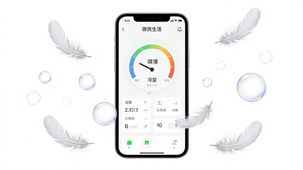 画面中心是一部手机,手机屏幕显示“微民生活”运行流畅的仪表盘界面,四周漂浮着羽毛、气泡等轻盈元素,背景为纯白色,布局居中对称,风格极简科技感,细节干净利落,画质高清,无多余元素