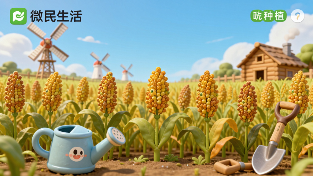 画面展示“微民生活”农场种植界面,一片金黄色的高粱地,天空湛蓝,远处有风车和木屋,近处有卡通风格的水壶和铲子,布局层次分明,风格温暖治愈,细节生动,画质高清,干净无多余元素