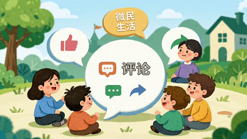 画面描绘“微民生活”社区互动场景,几个卡通人物围坐在圆形对话框旁,对话框内显示点赞、评论、分享图标,背景有绿树和房屋剪影,布局环绕式,风格亲切活泼,细节丰富,画质高清,干净无多余元素