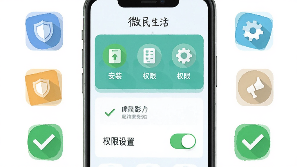 画面展示“微民生活”新手操作指引界面,手机屏幕中显示安装步骤图标和权限设置开关,周围有盾牌、齿轮、对勾等小图标,布局从上到下排列,风格扁平化教学风,细节明确,画质高清,干净无多余元素