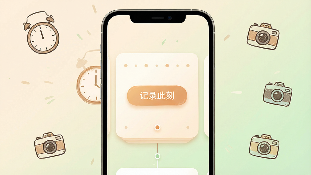 一张展示此地时光应用主界面的手机屏幕效果图,画面中央是带有柔和暖色调的时间轴卡片,卡片上写着「记录此刻」的按钮,背景是淡米色与浅绿色渐变,周围点缀一些手绘风格的时钟和相机小图标,整体风格清新温暖,画质清晰干净,无多余元素