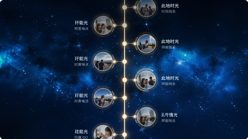 一张此地时光时光轴功能的界面示意图,画面中一条纵向的发光线条贯穿屏幕,线条上串联着多个圆形图标,每个图标代表一条记录,图标内有小照片和文字缩略,背景为深蓝色星空渐变,整体风格科技感与温情并存,画质清晰,无杂乱元素