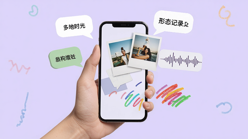 一张此地时光多形态记录功能的创意展示图,画面中一只手拿着手机,手机屏幕里同时飘出文字气泡、照片卡片、录音波形和彩色涂鸦笔触,这些元素围绕手机飞舞,背景是柔和的浅紫色,风格活泼生动,画质干净清晰