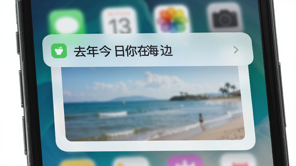 一张此地时光智能提醒功能的手机通知界面效果图,画面中手机屏幕顶部弹出一条通知卡片,卡片上写着「去年今日你在海边」,下方配有一张模糊的海边照片缩略图,背景是手机桌面,风格简洁现代,画质清晰