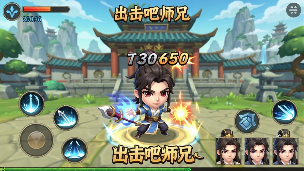 一张手机游戏界面截图,画面中央是Q版古风角色正在施展合击技能,背景为仙侠风格的山门场景,角色头顶显示伤害数值,屏幕下方有技能按钮和阵容头像,整体风格为卡通渲染,色彩鲜艳明亮,画质清晰,画面干净无多余元素,图片中带有文字「出击吧师兄」