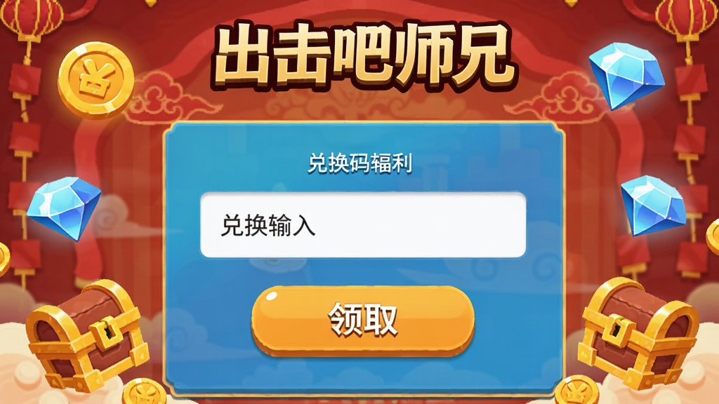 一张游戏福利界面截图,画面中显示兑换码输入框和领取按钮,周围漂浮着金币、钻石、宝箱等图标,背景为喜庆的红色调,风格为卡通扁平化,画质清晰,图片中带有文字「出击吧师兄」