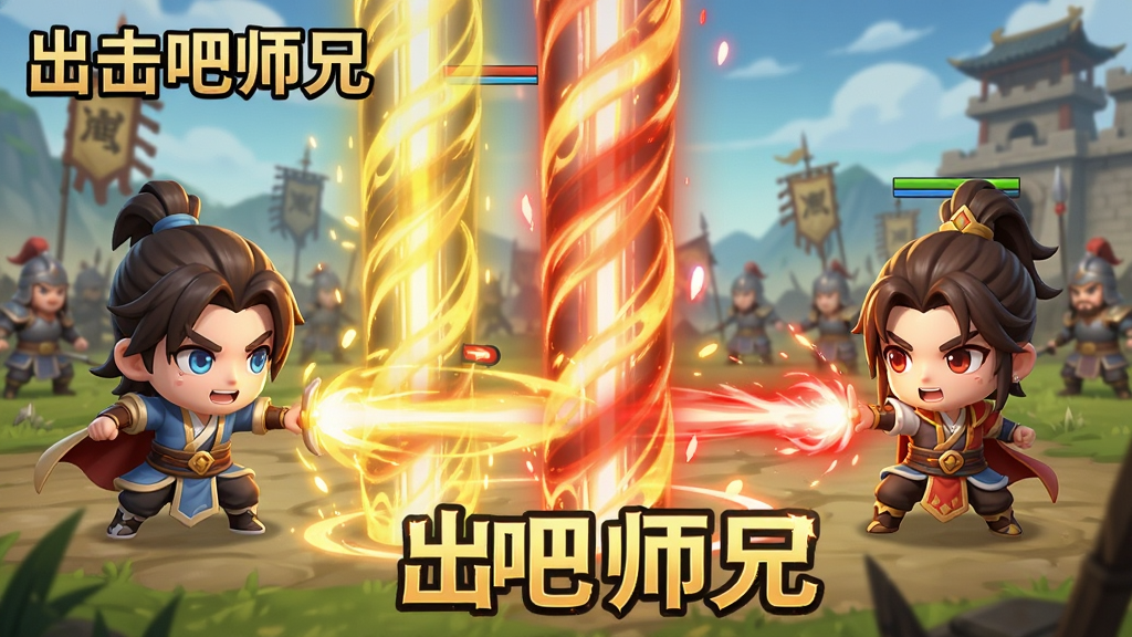 一张游戏战斗场景图,画面中有三名Q版角色同时释放合击技能,技能特效为金色与红色交织的光柱,背景为古代战场,画面风格为卡通渲染,色彩饱和度高,细节清晰,图片中带有文字「出击吧师兄」
