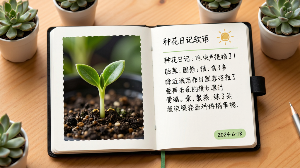 种花日记软件主界面预览图,画面中央展示一本翻开的电子手账,左侧页面是绿色植物发芽的照片,右侧页面是手写体文字记录和日期标签,背景是温暖的木质桌面和几盆小多肉植物,风格清新自然,画质清晰,干净无多余元素