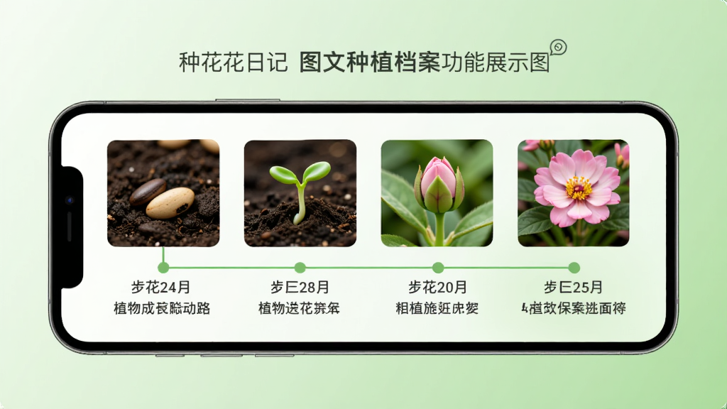 种花日记图文种植档案功能展示图,画面中一部手机屏幕显示植物成长时间轴,时间轴上依次排列着种子、嫩芽、花苞、开花四张照片,每张照片下方有日期和简短文字备注,背景是浅绿色渐变,风格简约现代,画质清晰,干净无多余元素
