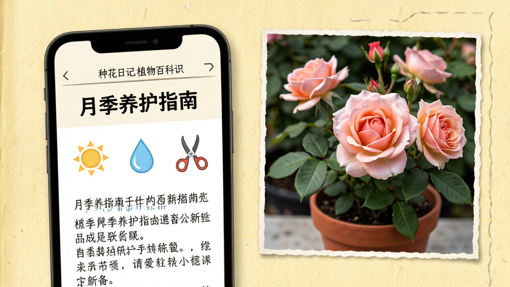 种花日记植物百科知识页面展示图,画面中手机屏幕显示“月季养护指南”文章页面,页面上有阳光、水滴、剪刀等小图标,旁边配有一盆盛开的月季花照片,背景是淡黄色纸张纹理,风格知识手册感,画质清晰,干净无多余元素