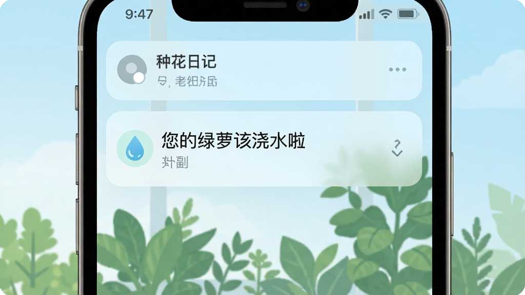 种花日记智能浇水提醒界面截图,画面展示手机通知栏弹出提醒卡片,卡片上写着“您的绿萝该浇水啦”,旁边有一个小水滴图标,背景是淡蓝色天空和绿植剪影,风格柔和清新,画质清晰,干净无多余元素