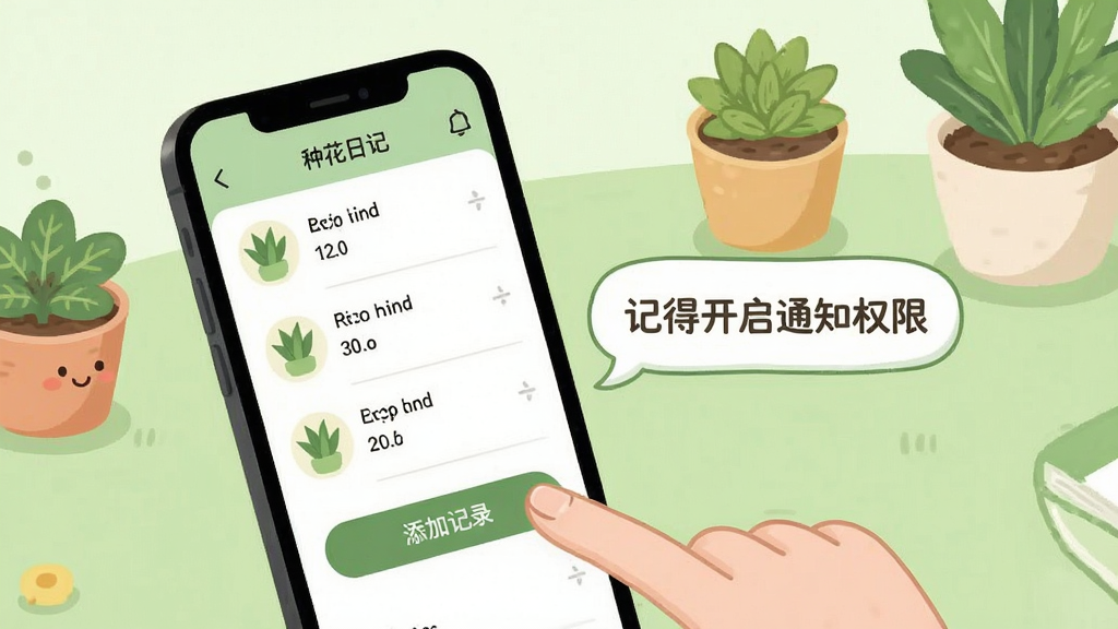 种花日记移动端使用技巧示意图,画面展示一部手机屏幕显示植物记录列表,手指正在点击“添加记录”按钮,旁边有提示气泡写着“记得开启通知权限”,背景是淡绿色桌面和几盆小植物,风格亲切友好,画质清晰,干净无多余元素
