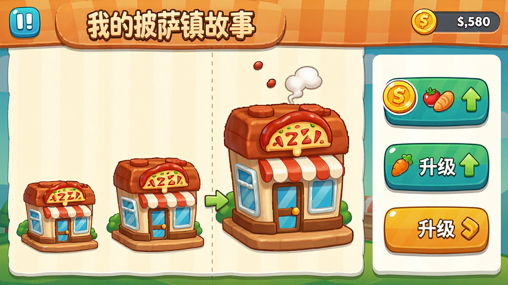 一款卡通风格的经营游戏界面截图,画面展示
