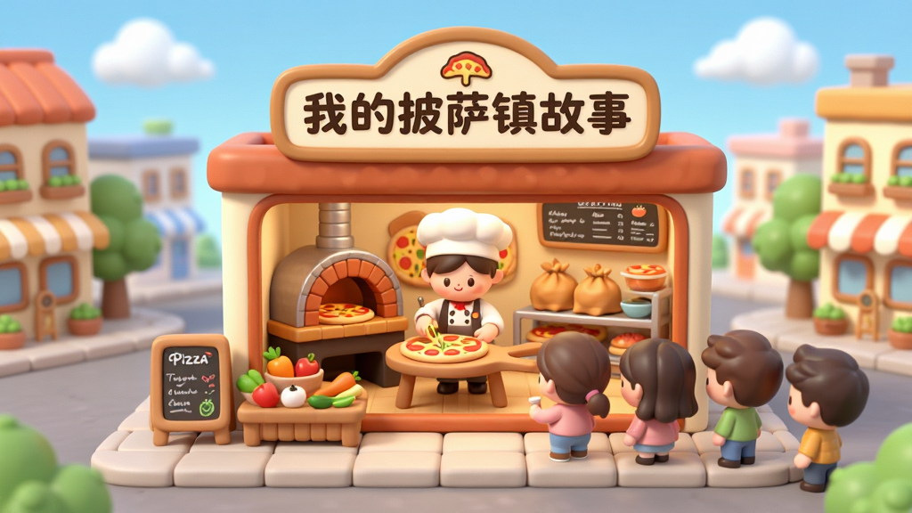 一幅卡通风格的小镇披萨店全景插画,画面中央是一家温馨的披萨店,招牌上写着