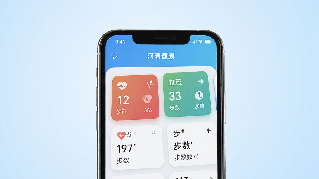 一张展示河清健康APP主界面的手机样机图,画面中央是一部现代智能手机,屏幕上显示健康数据仪表盘,包含心率、血压、步数等卡片式模块,背景为干净的浅蓝色渐变,风格简洁清新,细节清晰,画质高清,无多余元素
