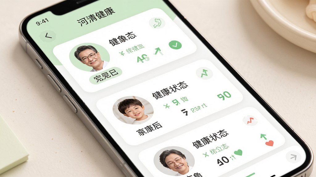 河清健康APP家庭健康档案功能展示图,画面为手机屏幕显示多个家庭成员头像卡片,每张卡片下方有健康指标摘要,布局为纵向列表,风格温馨柔和,色调以浅绿和白色为主,细节包含头像、姓名标签和健康状态图标,画质高清,干净整洁