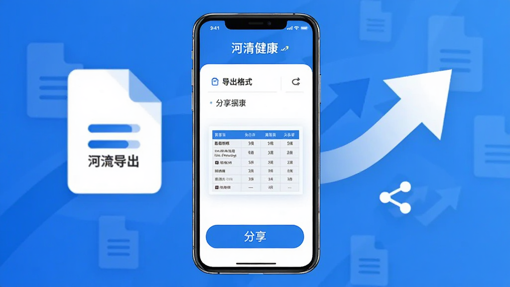 河清健康APP数据导出与分享界面图,手机屏幕显示导出格式选项和分享按钮,背景有文档图标和箭头元素,布局居中,风格商务简约,色调蓝白相间,细节包含表格缩略图和分享图标,画质清晰,无多余装饰
