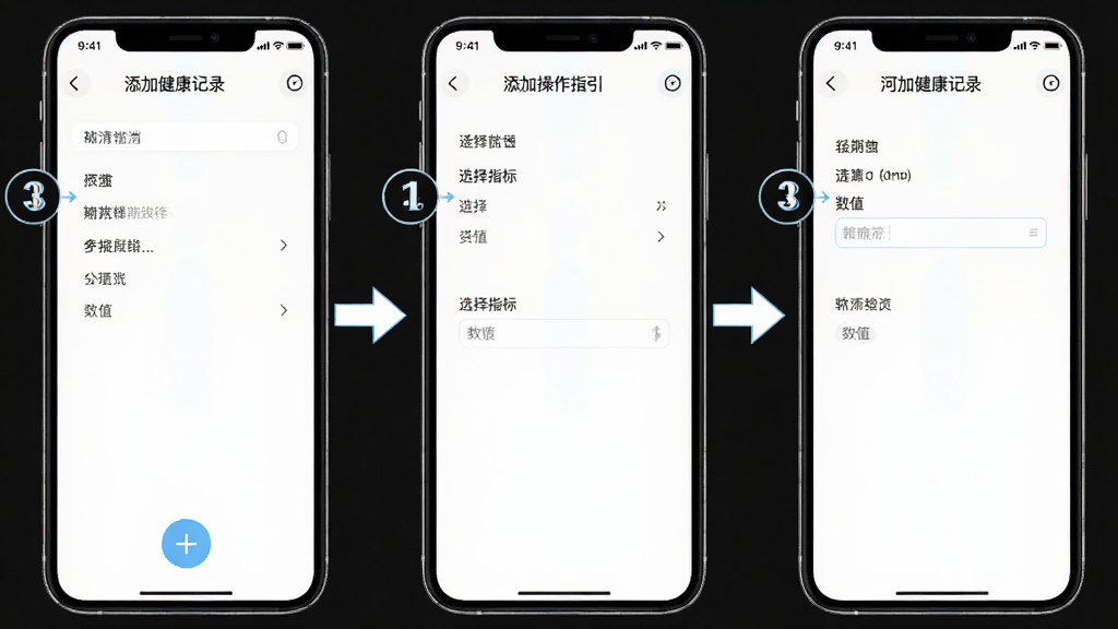 河清健康APP新手操作指引图,画面为手机屏幕显示添加健康记录的步骤截图,包含点击加号、选择指标、输入数值三个画面并排,布局横向排列,风格为教程图解风,细节有箭头指引和数字标注,画质清晰,干净无杂乱