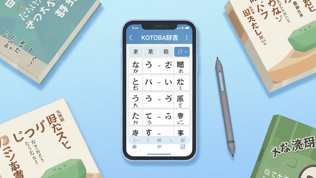 一张展示日语学习场景的插图,画面中央放置一部智能手机,手机屏幕上显示着