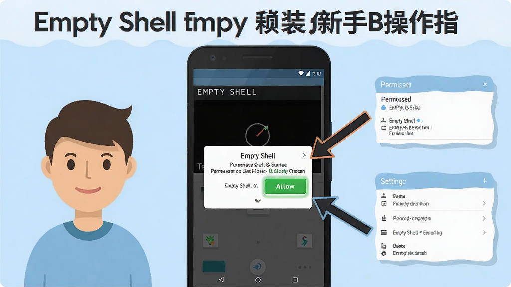 一张展示 Empty Shell 新手操作指引的图片,主体为一部安卓手机屏幕显示 Empty Shell 终端界面,画面左侧有一个卡通风格的新手用户头像,右侧有箭头指向手机屏幕上的权限弹窗与设置菜单,布局为左中右三段式,风格为扁平化教学插画风,细节上权限弹窗有绿色允许按钮高亮,背景为浅蓝色,画质清晰、干净、无多余元素