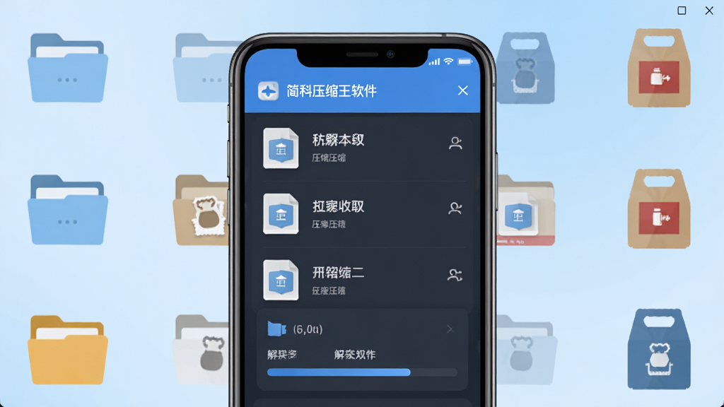 简科压缩王软件主界面展示,画面中央放置一部智能手机,屏幕显示简洁的压缩包文件列表与解压进度条,背景为浅蓝色渐变,四周点缀文件夹图标和压缩包图标,风格清爽扁平化,细节清晰,画质干净,无多余元素