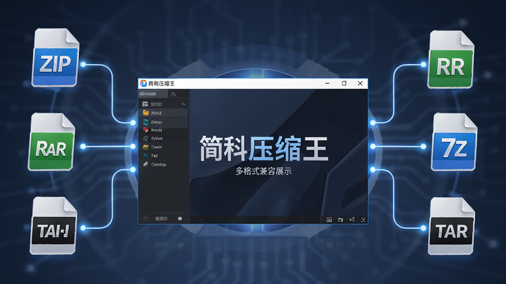 简科压缩王多格式兼容功能展示图,画面以软件界面为中心,周围环绕ZIP、RAR、7Z、TAR等格式图标,用连接线指向软件主界面,布局对称,风格科技感十足,细节精致,画质清晰,干净无杂乱元素