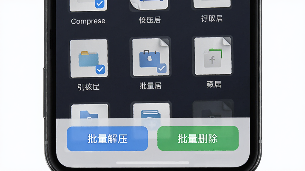 简科压缩王批量管理功能示意图,展示手机屏幕上多个压缩包文件被勾选,底部出现批量解压与批量删除按钮,界面布局清晰,风格简约现代,细节丰富,画质干净,无多余装饰元素