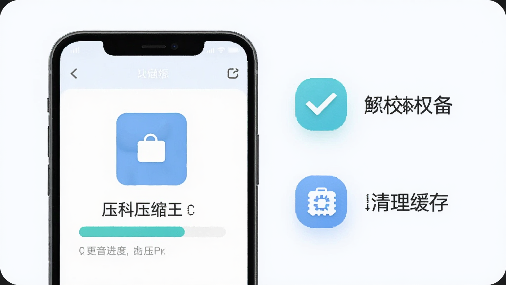 简科压缩王使用技巧示意图,画面展示手机屏幕中压缩包解压进度界面,旁边有勾选权限和清理缓存的图标,布局简洁,风格清新,细节清晰,画质干净,无多余元素