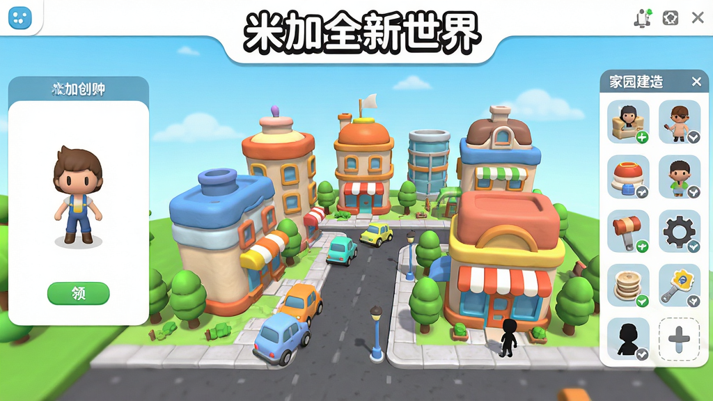 米加全新世界软件主界面全景预览图,画面中央是一座色彩明快的迷你城市街区,左侧为角色创建面板,右侧为家园建造工具栏,顶部显示游戏名称“米加全新世界”,整体采用卡通渲染风格,细节包含圆角建筑、小汽车、树木和人物剪影,画质清晰明亮,干净无多余元素