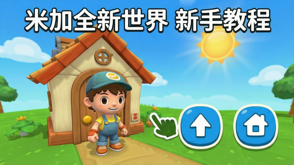 米加全新世界新手引导界面示意图,画面中一位卡通角色站在家园门口,旁边有手指图标指向移动按钮和建造按钮,顶部文字标注“米加全新世界 新手教程”,背景为晴朗天空和绿色草地,画质清晰,干净无多余元素