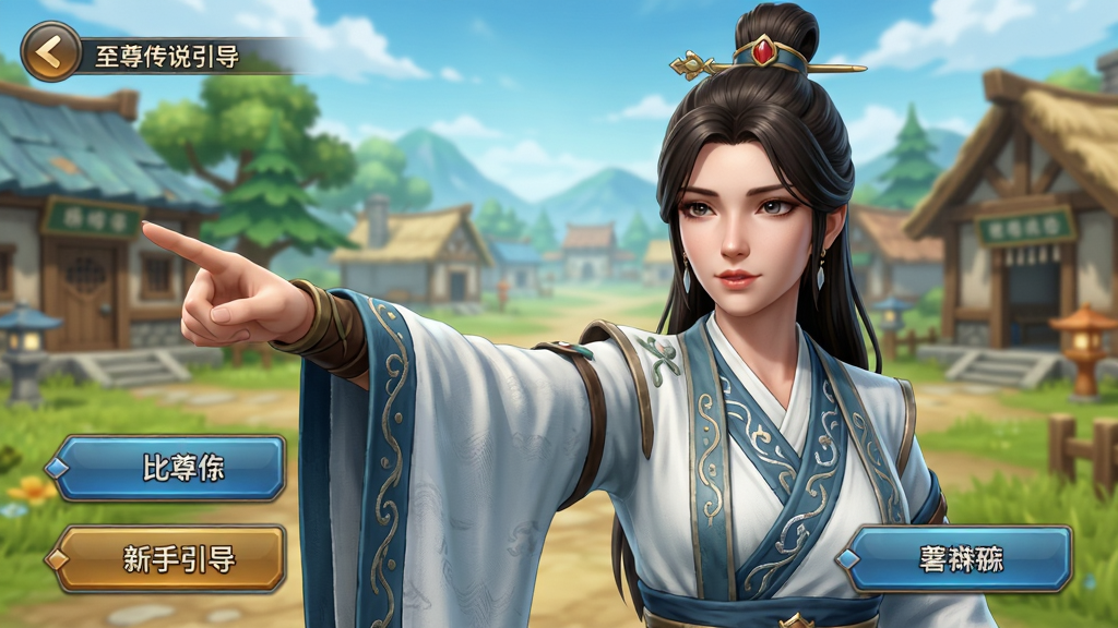至尊传说新手引导界面预览图,画面主体为一位美丽的女道士NPC正在向玩家挥手指引方向,背景是比奇省的新手村场景,布局采用人物半身特写配合UI界面按钮,排版简洁明了,风格为清新明亮的二次元与写实结合画风,细节处表现NPC服饰的纹理与界面按钮的立体感,画质清晰,画面干净无多余元素