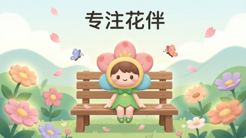 画面中央是一个温馨的虚拟花园场景,主体为一位可爱的卡通花伴精灵坐在木质长椅上,周围环绕着盛开的鲜花与柔和的光晕。布局采用中心对称构图,上方留白用于展示应用名称“专注花伴”。排版简洁,风格为清新治愈系扁平插画,细节包括花瓣飘落、小蝴蝶飞舞、远处有柔和的山丘轮廓。画质高清,色彩柔和干净,无多余元素,整体氛围安静且充满陪伴感。