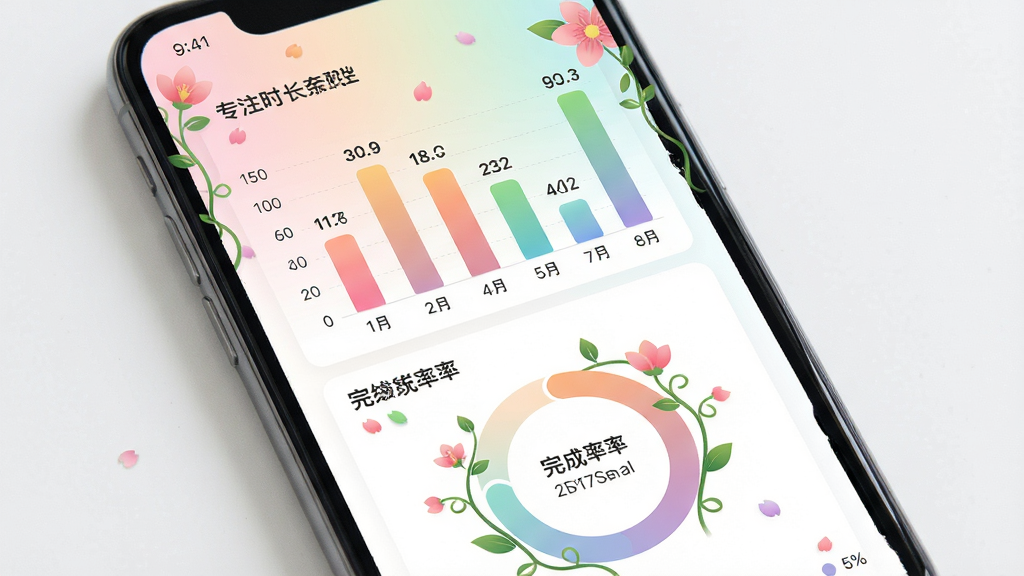 画面主体为手机屏幕显示的数据统计图表,图表以花朵和藤蔓为装饰元素,布局为上下结构,上方为专注时长柱状图,下方为完成率环形图。排版清晰,风格为现代简约数据可视化,细节包括柔和的渐变背景、清晰的数字标注、小巧的花瓣图标点缀。画质高清,界面干净整洁,无多余元素。