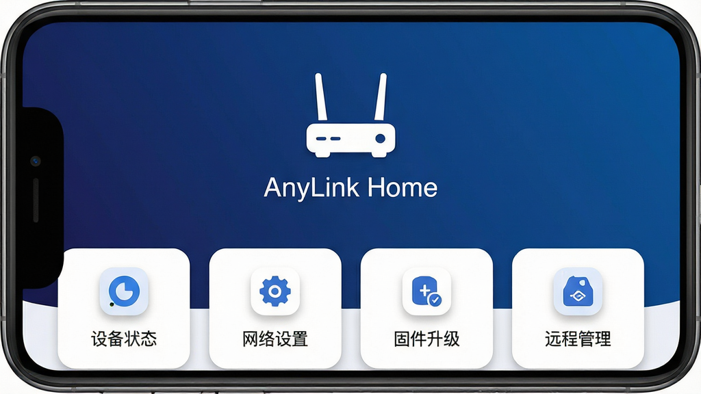 AnyLink Home 软件主界面展示,手机屏幕居中显示深蓝色渐变背景,中央是白色简约路由器图标与“AnyLink Home”文字标识,下方排列四个功能卡片:设备状态、网络设置、固件升级、远程管理,整体布局对称整齐,风格为现代扁平化科技风,细节包含圆角图标与柔和阴影,画质清晰干净,无多余装饰元素