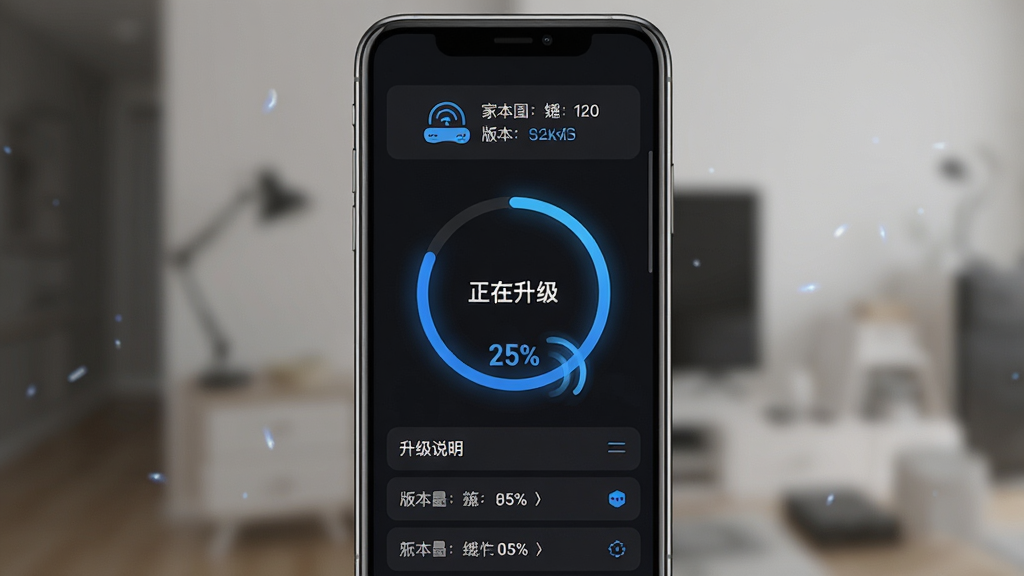 AnyLink Home 固件升级界面,手机竖屏显示中央为圆形进度条与“正在升级”文字,上方有网关图标与版本号对比,下方为升级说明列表,布局居中对称,风格为深色模式搭配蓝色高亮进度,细节包含百分比数字与旋转动画效果,画质锐利干净,无多余装饰