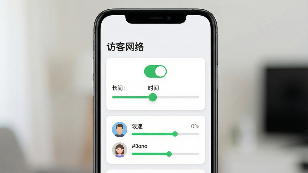 AnyLink Home 访客网络设置界面,手机屏幕显示浅色背景,顶部为“访客网络”标题,中部有开关按钮与时长滑块,下方列出已连接设备头像与限速进度条,布局上下分层清晰,风格为清新简约卡片式设计,细节包含绿色开启状态与灰色禁用状态对比,画质明亮干净,无多余文字