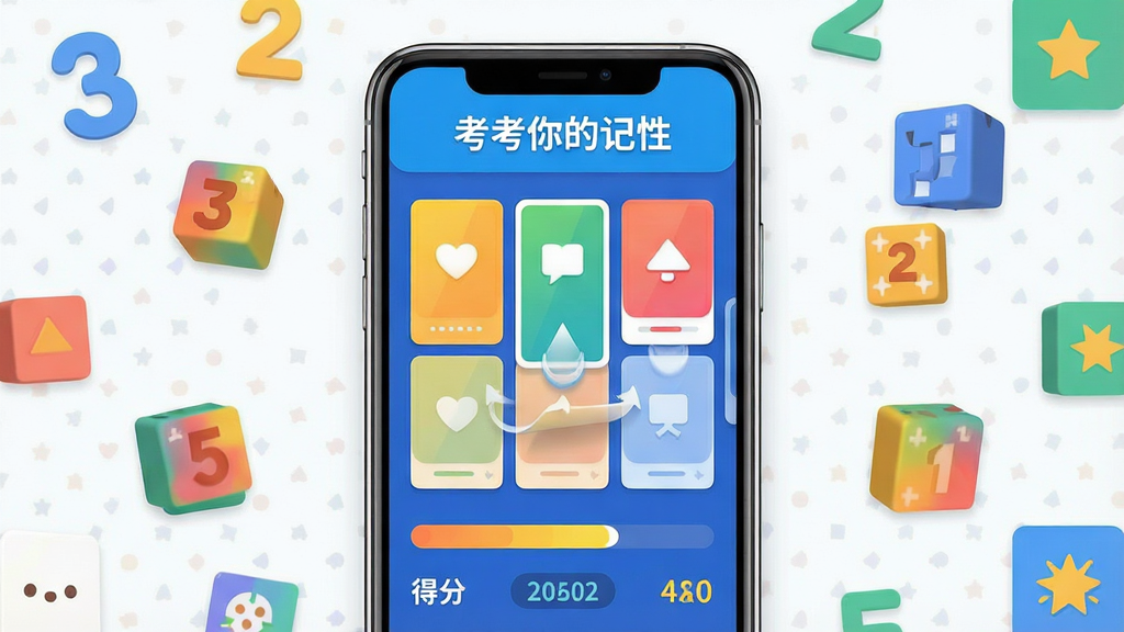 一张展示考考你的记性软件主界面的预览图,画面中央是手机屏幕,屏幕内显示色彩明快的记忆卡片游戏界面,顶部有软件名称“考考你的记性”,周围环绕着数字、图案和记忆方块等元素,整体布局简洁清晰,风格活泼现代,细节包括卡片翻转动画效果、进度条和得分显示,画质高清,画面干净,无多余元素