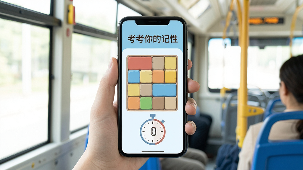 一张考考你的记性使用场景示意图,画面展示一只手拿着手机在公交车上玩记忆游戏,手机屏幕内显示“考考你的记性”游戏界面,周围环境简洁明亮,风格生活化,细节包括手机屏幕上的记忆方块和计时器,画质高清,画面干净,无多余元素
