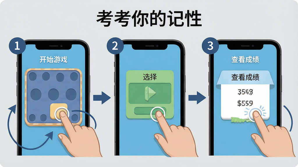 一张考考你的记性新手操作指引图,画面展示手机屏幕分步骤演示如何点击开始游戏、选择关卡和查看成绩,每一步用数字标注,屏幕上方有软件名称“考考你的记性”,背景为浅灰色,风格简洁教程风,细节包括手指点击图标和箭头引导,画质清晰,画面干净,无多余元素