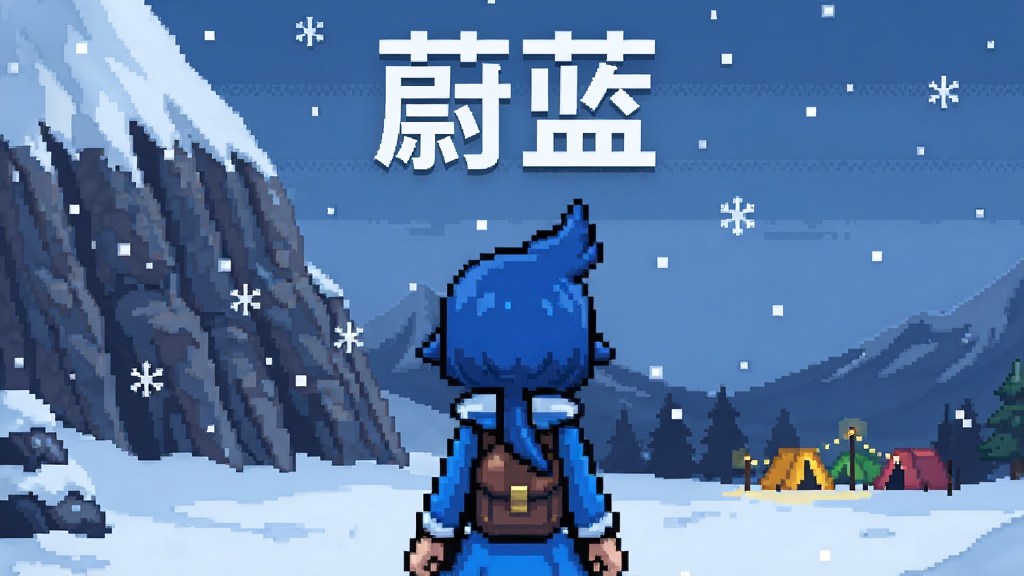 画面上方是蔚蓝游戏主角玛德琳站在雪山脚下的场景,主体为像素风格的玛德琳背影,布局采用中心构图,排版上留出顶部空间展示“蔚蓝”标题,风格为复古像素艺术,细节包括飘落的雪花、陡峭的山壁和远处闪烁的登山营地灯光,画质清晰,干净,无多余元素