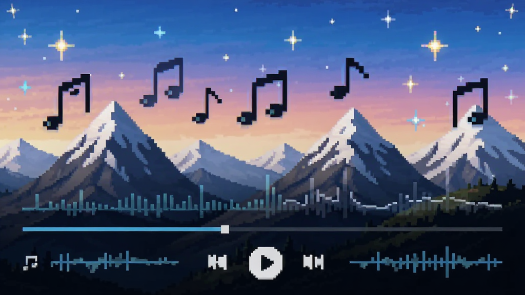 画面展示蔚蓝游戏音乐播放界面与雪山背景的融合,主体为像素风格的音符与波形图,布局为上下分层,排版上音符漂浮在山峰之间,风格为音乐可视化艺术,细节包括渐变色的天空和闪烁的星点,画质清晰,干净,无多余元素