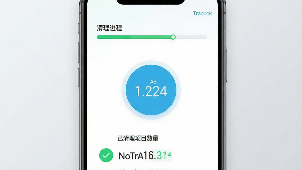 NoTracck 一键隐私清理功能展示 主体为手机界面中央一个圆形清理按钮 布局为上下结构 上方显示清理进度条 下方显示已清理项目数量 风格为清新浅色UI设计 细节包括绿色对勾图标 数字跳动效果 背景为浅灰渐变 画质清晰 干净 无多余元素