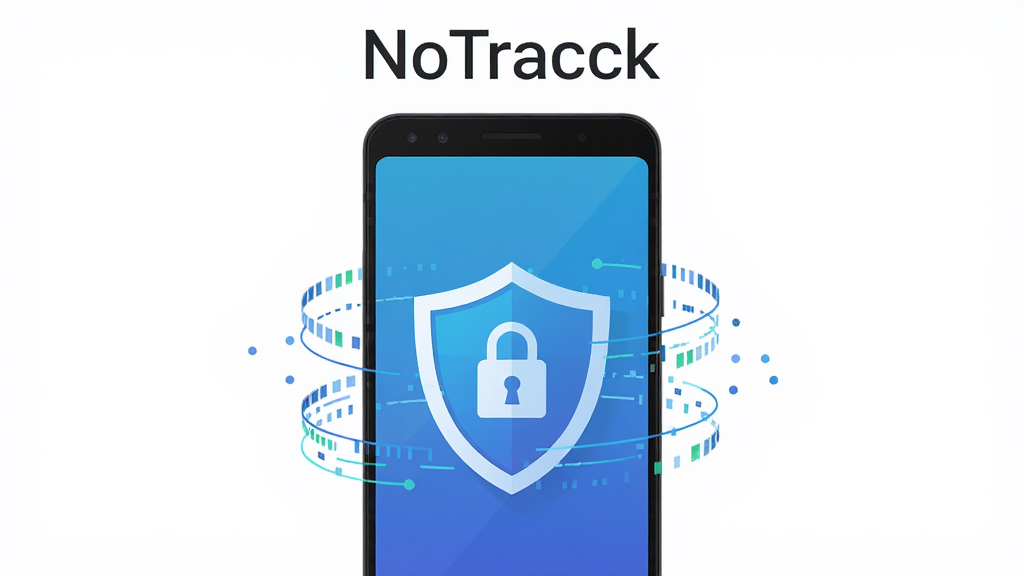 NoTracck 手机隐私防护工具 主体为一部安卓手机屏幕显示盾牌图标 布局为居中构图 上方是软件名称 NoTracck 排版简洁 风格为科技感扁平化设计 细节包括蓝色渐变背景 盾牌带有锁形图案 周围环绕数据流线条 画质高清 干净 无多余元素