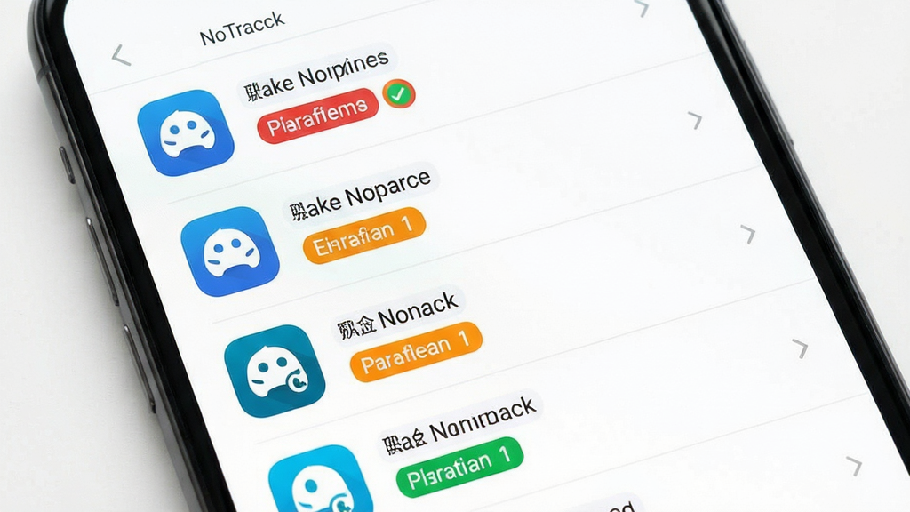 NoTracck 应用权限总览界面 主体为手机屏幕显示权限列表 布局为垂直列表排列 每行包含应用图标 应用名称 权限风险标签 风格为素雅极简设计 细节包括红色橙色绿色三种风险等级标识 背景纯白 字体清晰 画质高清 干净 无多余元素