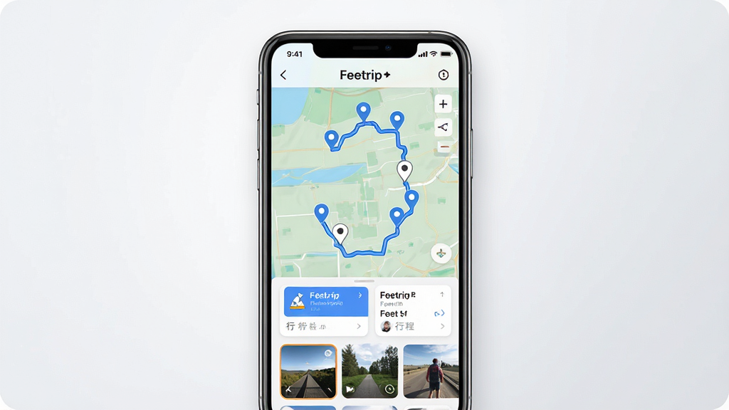 一张展示 Feetrip 软件主界面的手机预览图,画面中央是一部竖屏智能手机,屏幕内显示 Feetrip 应用的地图轨迹记录页面,地图上有蓝色路线和多个定位标记点,屏幕下方有行程卡片和照片缩略图,背景为干净的浅灰色渐变,整体风格简洁现代,细节清晰,画质干净,无多余元素,图片中文字为“Feetrip 旅行足迹”。