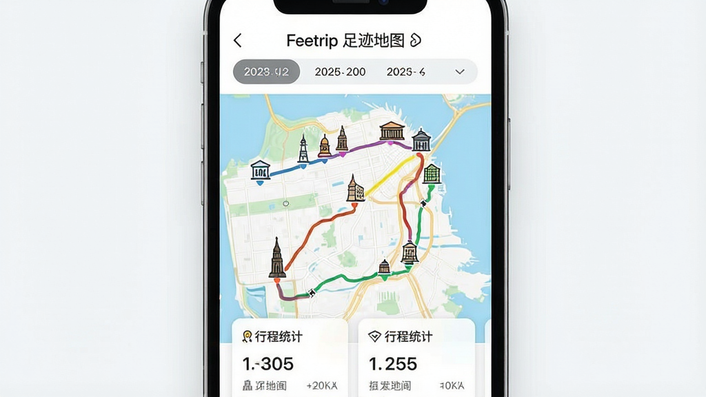 一张 Feetrip 智能足迹地图功能的界面展示图,主体为手机屏幕中的地图页面,地图上显示多条不同颜色的旅行路线,每条路线连接着城市地标图标,屏幕上方有年份筛选标签,下方有行程统计小卡片,整体布局清晰,风格现代简约,画质干净,图片中文字为“Feetrip 足迹地图”。