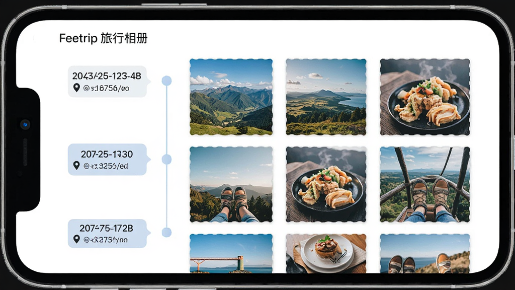 一张 Feetrip 旅行相册时间轴功能的界面图,画面为手机屏幕显示时间轴列表,左侧有日期和地点标签,右侧是方形照片缩略图,照片内容为风景和美食,整体排版整洁,风格清新,画质干净,图片中文字为“Feetrip 旅行相册”。
