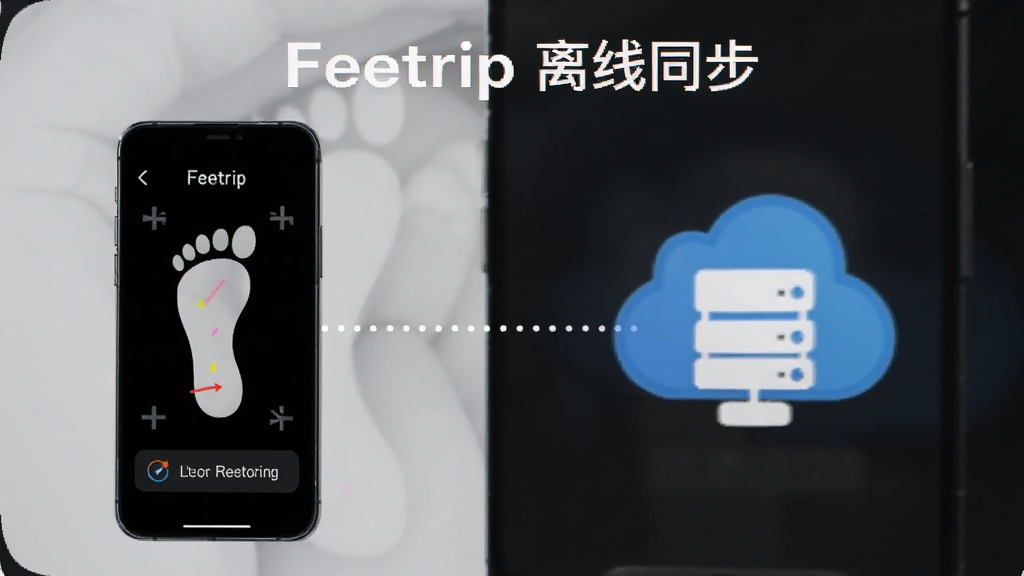 一张 Feetrip 离线记录与云端同步功能的示意图,画面左侧为手机处于无网络状态仍可记录足迹,右侧为云端服务器图标与手机通过虚线连接,整体构图平衡,风格科技简约,画质干净,图片中文字为“Feetrip 离线同步”。