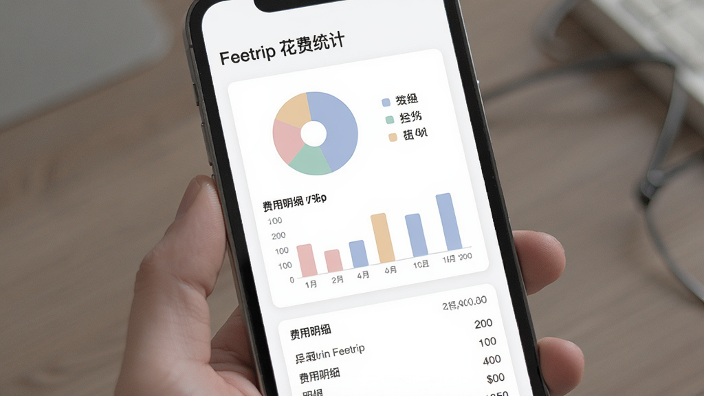 一张 Feetrip 行程花费统计功能的界面图,主体为手机屏幕显示饼状图和条形图,图表颜色柔和,下方有费用明细列表,背景为白色卡片式布局,整体风格商务简洁,画质干净,图片中文字为“Feetrip 花费统计”。