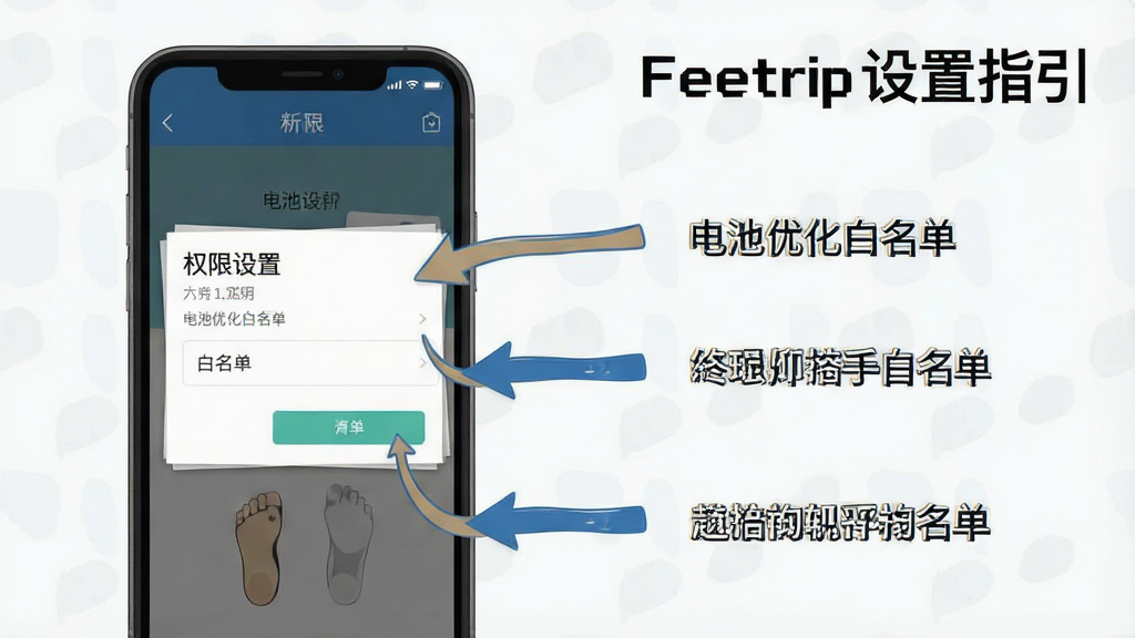 一张 Feetrip 新手操作指引示意图,画面为手机屏幕显示权限设置和电池优化白名单界面,旁边有箭头标注操作步骤,整体布局清晰,风格扁平化,画质干净,图片中文字为“Feetrip 设置指引”。